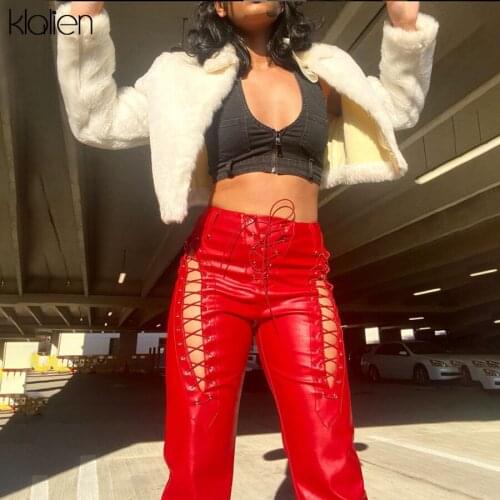 KLALIEN Women Faux PU Leather High Waist Pants Casual Bandage Sexy Summer Trend Club Straight Trousers Streetwear Bottom Hot