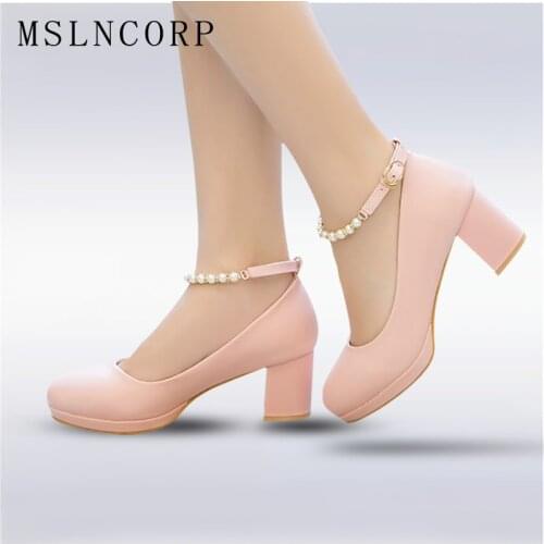 Plus size 34-43 Women High Heels Platform Pearls String Bead Ankle Strap Ladies Dress Pumps Prom Evening Bridal Wedding Shoes