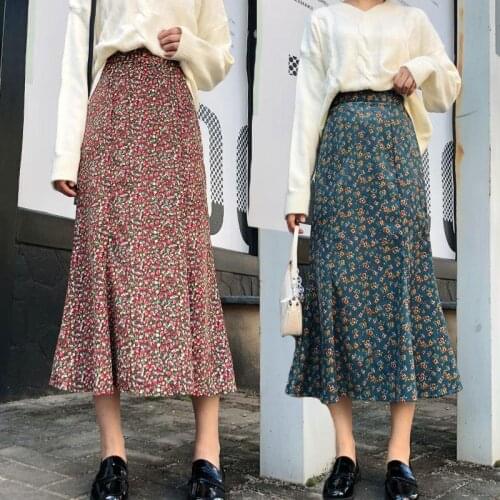 Woman Skirts Real Shot Floral Skirt Womens Autumn and Winter High Waist Corduroy A- line Skirt Mujer Faldas Saias Mulher