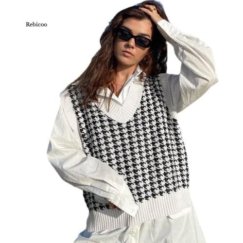 Plus Size Women Fashion Knitted Vest Sweater V Neck Sleeveless Houndstooth Loose Female Waistcoat Chic Tops New