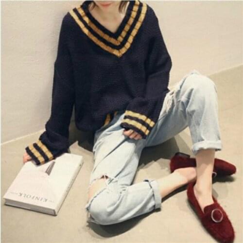 Striped V Neck Sweaters Women Winter 2018 Jumpers Knitted Thick Clothes Fashion Striped Oversized Pullover Female Sale