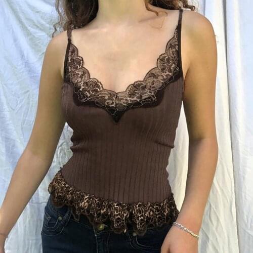 Brown Vintage 90s Aesthetic Cami Top Lace Patchwork Sleeveless Women Deep V Neck Ribbed Knit Knitwear Vest Tanks Top