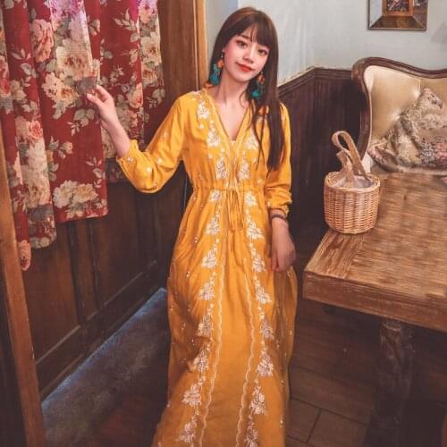 Spring Summer Bohemian Maxi Dress Long Embroidery V Neck Red Print Women Beach Sundress Red Long Sleeve Slim Holiday Robe Dress