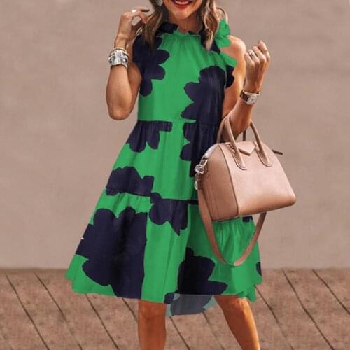 Summer dress Women Elegant Chic Print Doll Collar Large Hem Sleeveless Dress Chic Print Large Hem Dress Casual Dress Plus Siz