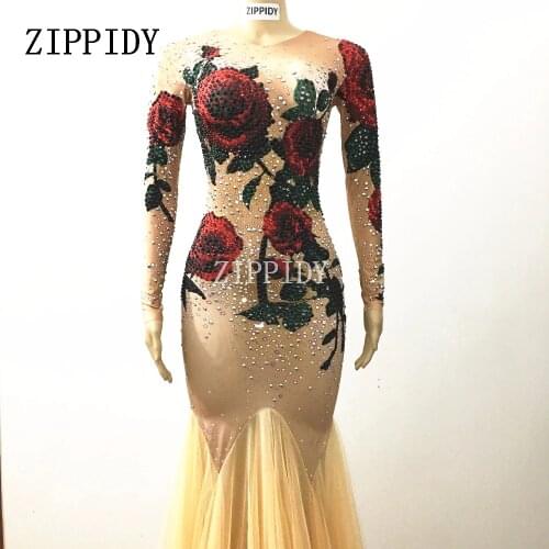Multicolor Stones Rose Flowers Long Dress Stage Wear Nude Stretch Dress Women Singer Red Green Rhinestones Mash Evening Outfit