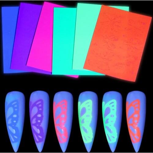 New 6pcs/set Fluorescent Butterfly Decals Nail Art Stickers Self-Adhesive DIY Decoration Manicure Design Accessories