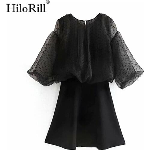 HiloRill Patchwork Mini Dress Women A Line Puff Sleeve Stylish Transparent Dress Ladies O Neck Black Holiday Dress Sundress