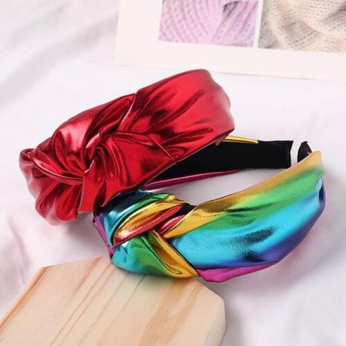 Fashion Bright Color PU Leather Headband For Hair Head Hoop Middle Knotted Wide Bezel Hair Band Solid Color Headband Headwear