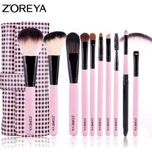ZOREYA 10pcs Goat Hair High Quality Makeup Brush Sets Soft Bristles Cosmetic Kit Powder Lip Blending Eye Shadow Brushes Tools