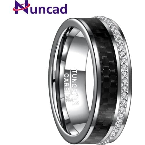 Nuncad polished plane beveled inlaid black carbon fiber white crystal tungsten carbide ring Men Fashion Jewelry