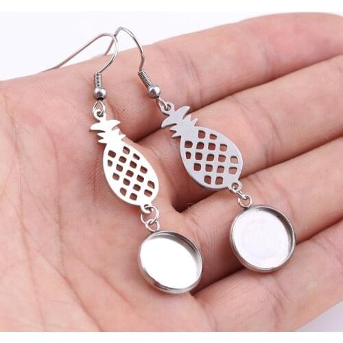 Onwear 5pairs stainless steel pineapple charm cabochon earring base settings 12mm dia blank earrings findings for jewelry making