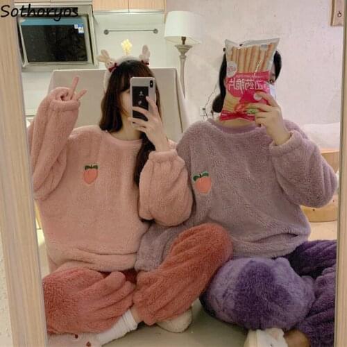 Plus Velvet Thicker Women Pajama Sets O-neck Patchwork Student Kawaii Long Sleeve Coral Fleece Korean Style Soft Homewear Girls