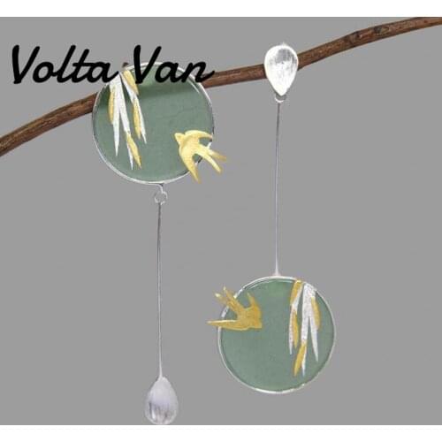Volta Van 925 Sterling Silver Aventurine Drop Earrings Pendientes Plata 2021 New Vintage Willow Leaves Swallow Elegant Earrings