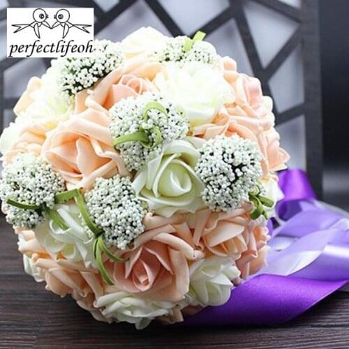 Perfectlifeoh Bridal Wedding Bouquet with Ribbon Handmade PE Roses buque de noiva Wedding Flowers Bridal Bouquets Purple