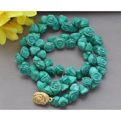Z10869 17"~33“ 11mm Green Blue Carve Turquoise Flower Necklace