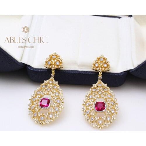Renaissance Vintage 925 Silver Ruby Zircon Filigree Flower Drop Earrings Retro Honeycomb Engrave Charm Studs Women Fine Jewelry