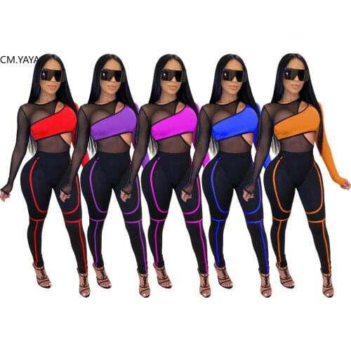 2020 Winter Women Sets Full Sleeve Mesh Patchwork Bodysuits+Pants Suits Two Piece Set Night Club Tracksuits Sexy Outfits GL3168