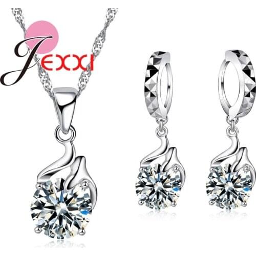 Women Valentine Accessories Shinning Crystal Pendant Necklace Earrings Wedding Girls 925 Sterling Silver Jewelry Sets