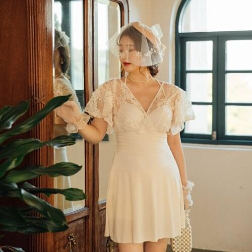 Plus Size Skirt Ladies One Piece Swimsuit Sexy Lace Ruffled V-neck Transparent Swimwear Solid Color Bathing Suit 2XL-5XL Padded