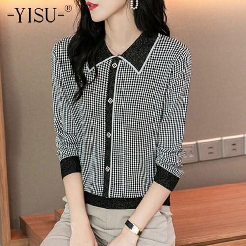 YISU New Spring Autumn Womens Sweater lapel Loose tops Fashion Long sleeve Female Knitted Pullover 2021 Casual Jumper