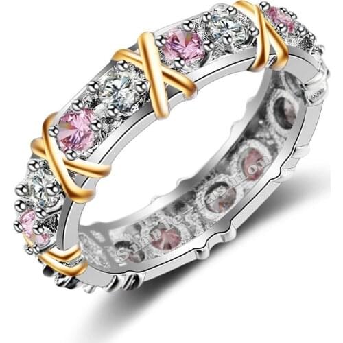 Choucong Women Across ring Pink 5A cz stone 10KT White Yellow Gold Filled Engagement Wedding Band Rings for women Party Bijou