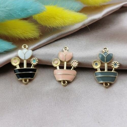10pcs Enamel Potted Flowers Metal Charms Connector Plants Earrings Pendant DIY Jewelry Accessory Bracelet Dangle Golden Base