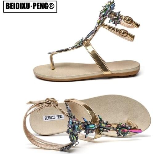 T-strap Rhinestone Diamond Bandage Women Summer Party Shoes for Female Ladies Sexy Gladiator Flat Heel Slippers Sandals Gold