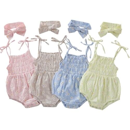 Infant Newborn Baby Girls Daisy Print Elastic Bodysuits Sleeveless Jumpsuits Headband 2Pcs Summer Outfits Clothes