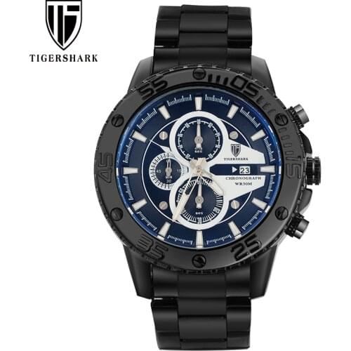 TIGERSHARK Men Sport Watches Black Chronograph Stainless Steel Watch Luminous 30M Waterproof Fashion Watch Men Style