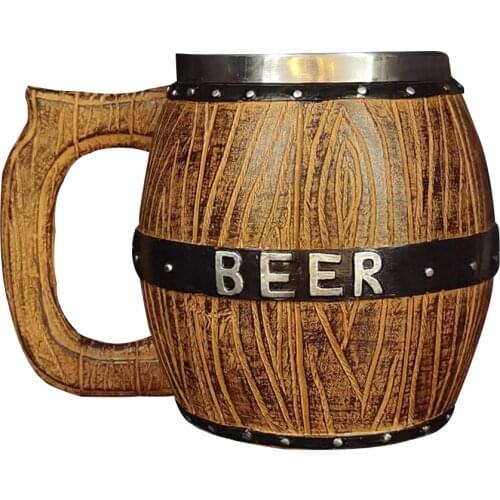 Wooden Barrel Style Beer Cup Stainless Steel Tankard Cocktail Mugs Large Capacity Bucket Shaped Beer Bar Home Drinkware Mug Cup