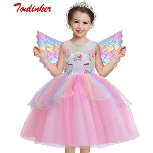 Flowers Unicorn Costume Pony Unicorn Tutu Party Dress Hair Band Wings Sets for Girls Flower Pageant Princess Costume 2-10 years