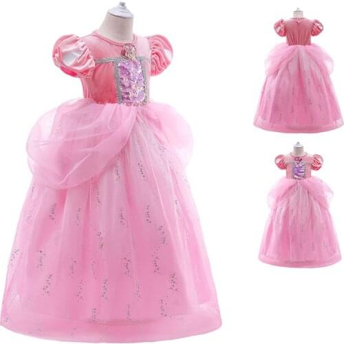 Halloween 2021 New Pink Puff Sleeve Sequined Mesh Little Girls Cosplay Long Dresses For Girls Princess Dresses Performance Dress