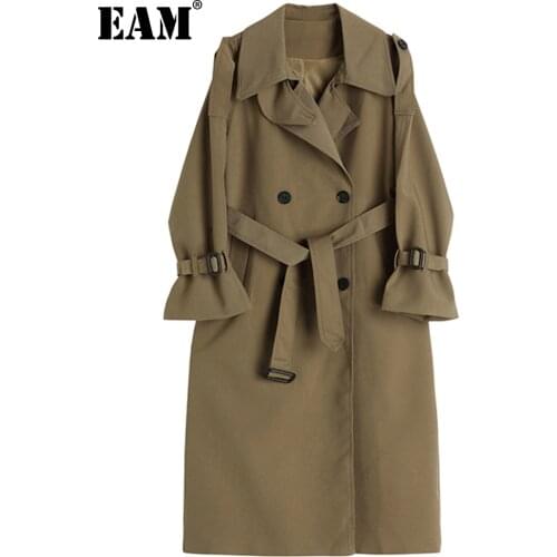 [EAM] Women Khaki Double Breasted Big Size Trench New Lapel Long Sleeve Loose Fit Windbreaker Fashion Spring Autumn 2021 1DE2533