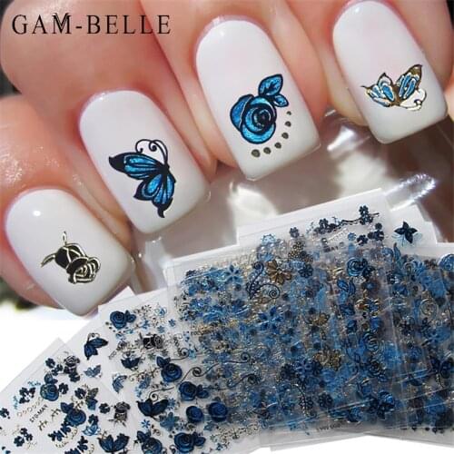 GAM-BELLE 24 Pcs Nail Art Stickers Cute Blue 3D Butterfly Flower Designs DIY Nails Decoration Beautiful Manicure Accessories