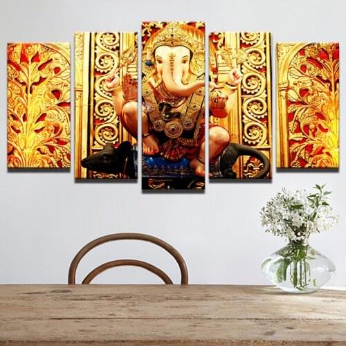 JIE DO ART 5 Pieces Elephant Head God Ganesha Wall Art Canvas Pictures For Living Room Home Decor Printed Canvas Paintings
