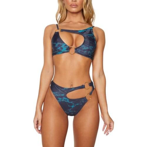 2021 New Women Split Swimsuit Set Ladies Summer Digital Print Backless Hollowed-out Bikini + High Waist Panties Suits for Beach