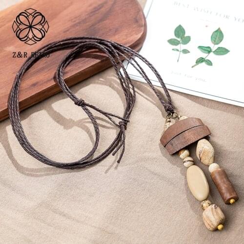 Wooden Beads Stone Pendant for Women Long Necklace Pendants&Necklaces Handmade Fashion Jewelry Vintage Sweater Rope Chokers 2021