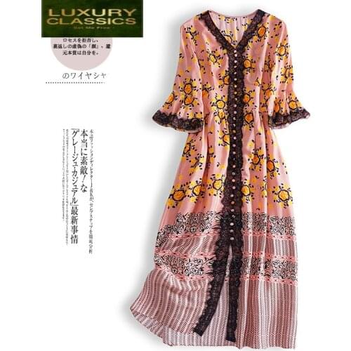 Vintage Summer Dress Women 100% Real Silk Dress Spring Clothes 2021 Korean Elegant Lace Boho Vestido Maxi Ropa Mujer 3435