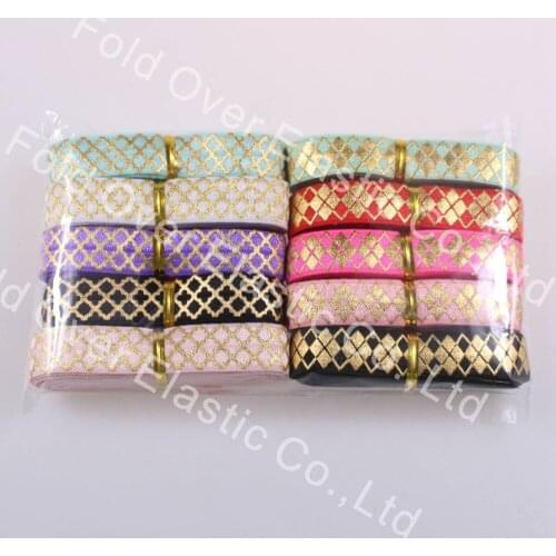 20yards/lot 2yards each color 5/8''fold over elastic gold foil small quatrefoil and rhombus printed headband hair tie diy