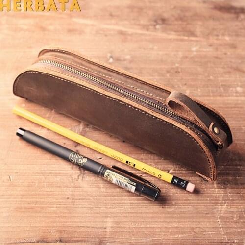 Hand-crazy horse leather zipper pencil case stationery vintage pen pouch school supplies storage pencil bag cartuchera container