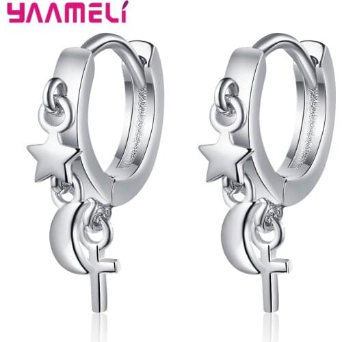 New Fashion Women Earrings Star Moon Cross Heart Hoop Jewelry 925 Sterling Silver Pendientes Brincos Lady Gift Party Accessories