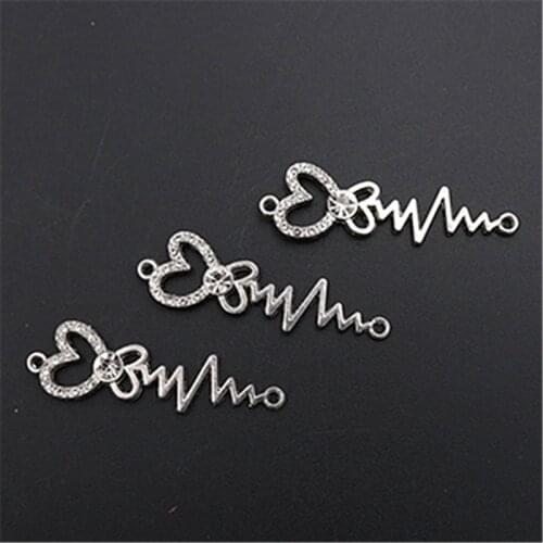 WKOUD 6pcs handmade rhinestone Silver Color ECG heart-shaped scepter charm fashion DIY metal jewelry alloy connectors A1387
