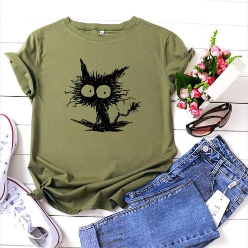 Harajuku Shirt Women Funny Cat Print T-Shirt 100% Cotton O Neck Short Sleeve Graphic Tee Fashion Tshirt Black Woman Tshirts