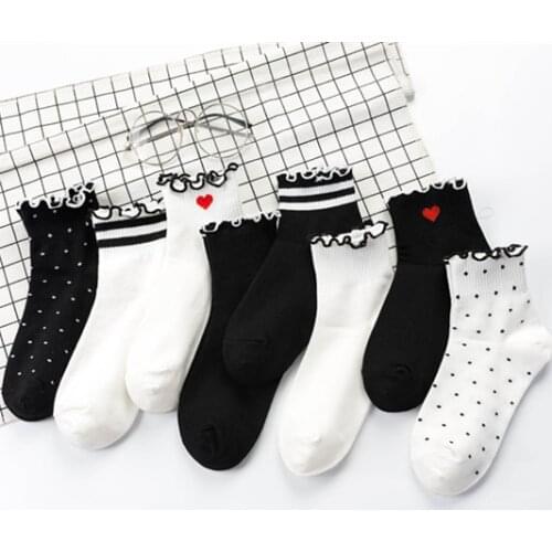 Women Cotton Socks Red Heart Polka Dot Socks White Cute Black Ruffle Short Socks Casual Girls Socks Ladies Socks For Girls Sock