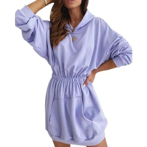 Female Loose Long Hoodies Casual Solid Purple Women Hooded Sweatshirt Autumn Elastic Waist Pullover Oversized Ladies Sweatshirts