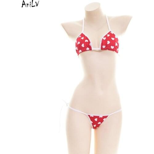 AniLV Summer Girl Cute Red Love Bikini Swimsuit Costume Beach Student Halter Swimwear Uniform Pool Party Cosplay
