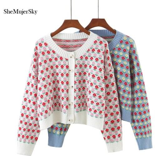 SheMujerSky Women O-neck Long Sleeve Sweaters Knitted Little Floral Single Breasted Cropped Cardigans 2021