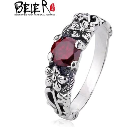 Beier sterling jewelry 2015 red and black colour romantic top quality retro flower ring gem women ring D0600