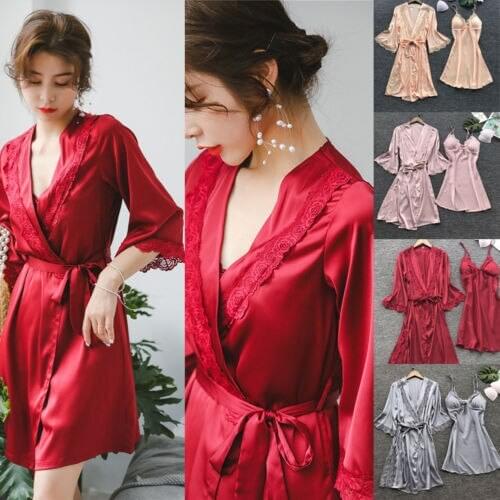3Pcs Sexy Lingerie Women Silk Lace Robe Dress Babydoll Nightgown Sleepwear Sets