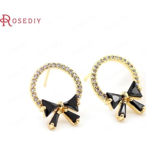39425)2PCS 16x13MM 24K Gold Color Brass and Zircon Bow Round Stud Earrings Pins Earrings Jewelry Making Diy Accessories